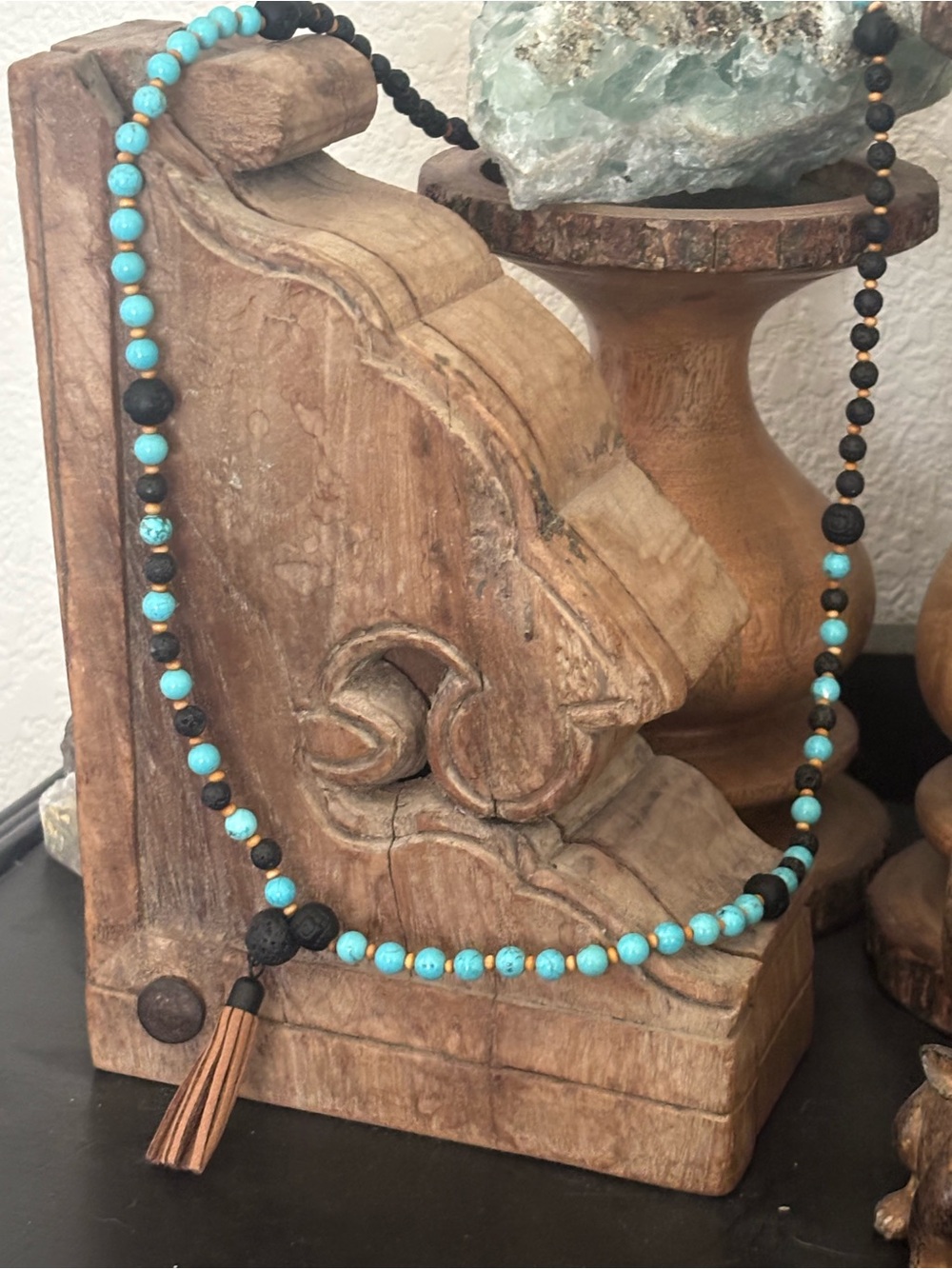 Marlyn Schiff Turquoise and Black Beaded Necklace with Brown Tassel